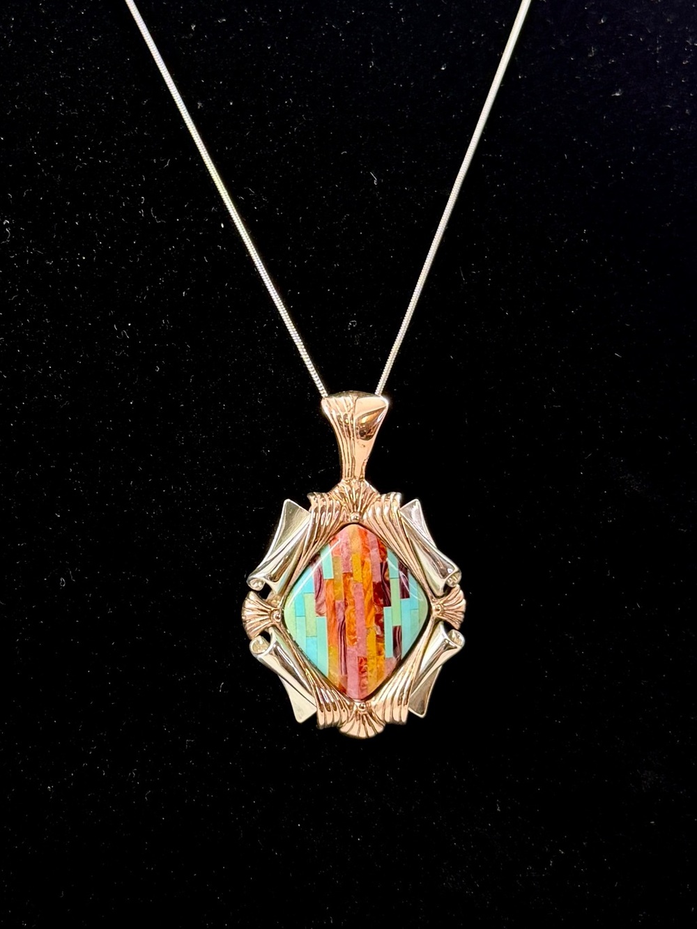 CAROLYN POLLACK Sterling Silver Copper Mosaic Inlay Pendant Necklace